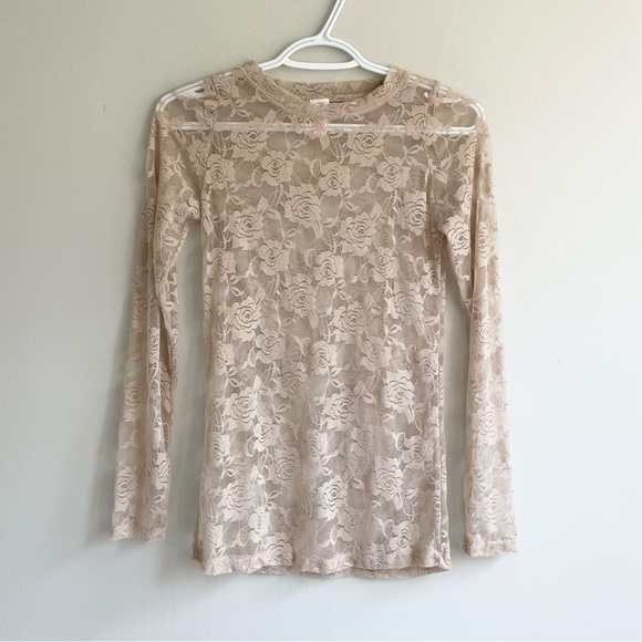 Luxe Junkie Tops - LONG SLEEVE SHEER LACE BEIGE NUDE NEUTRAL TOP ROUND NECK LUXE JUNKIE